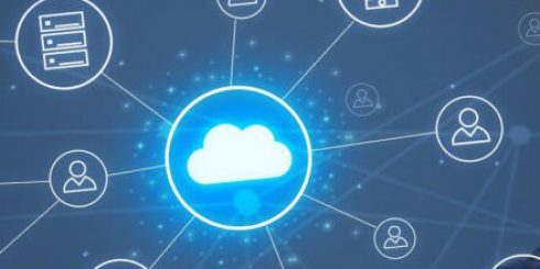 Businessman hand typing with cloud technology system and office symbol concept